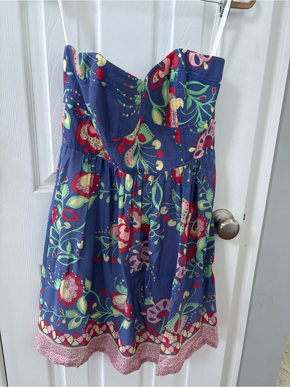 Shoshanna Blue Floral Strapless Dress with Pink Trim - Silk & Cotton blend